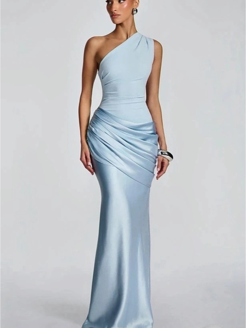 Babyboo One-Shoulder Ruched Maxi Dress in Blue Like New